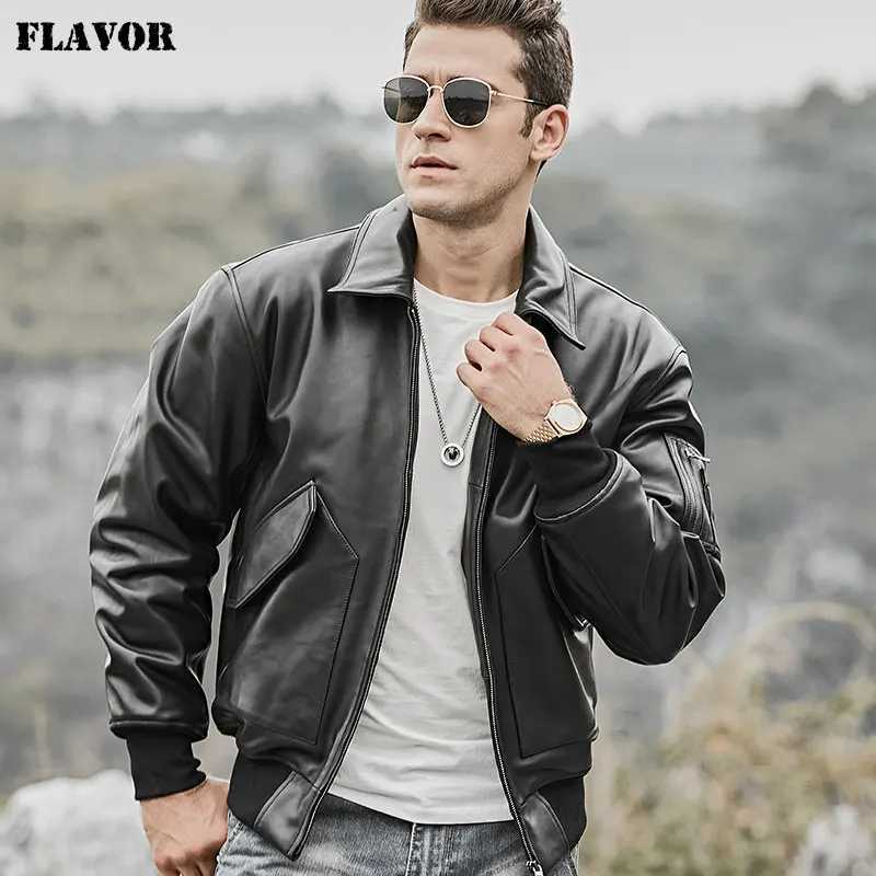 FLAVOR Mens Real Leather Jacket Bomber Lambskin Winter Warm Air Force Leather Coat J251014