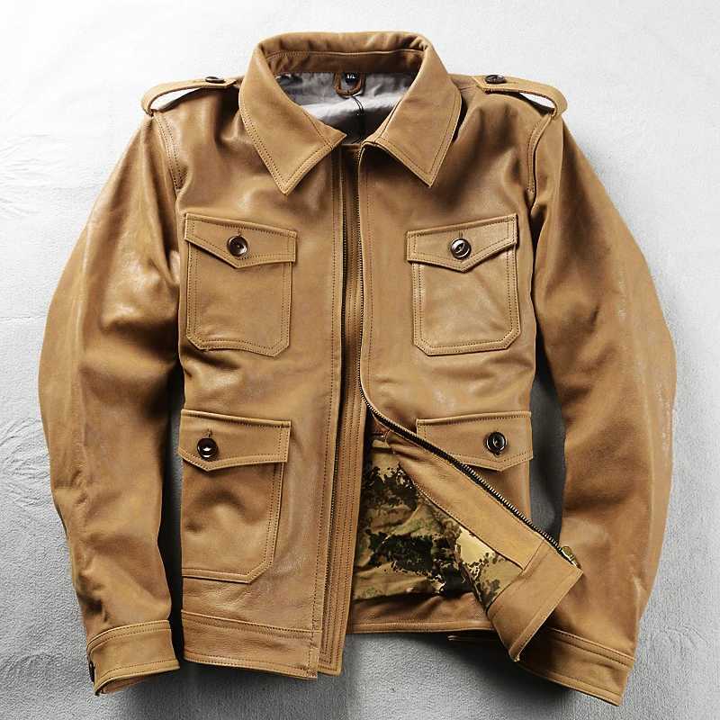 Khaki Autumn Leather Jacket Men Safari Style Plus Size 5XL Genuine Natural Cowhide Four Pockets M65 Leather Coat J251014