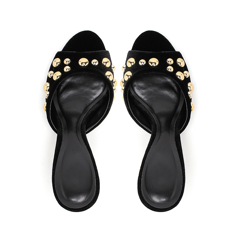 Women's Fashion Black Velvet Studded Stiletto Heel Mules - Elegant Round Toe Slip-On High Heels-6117