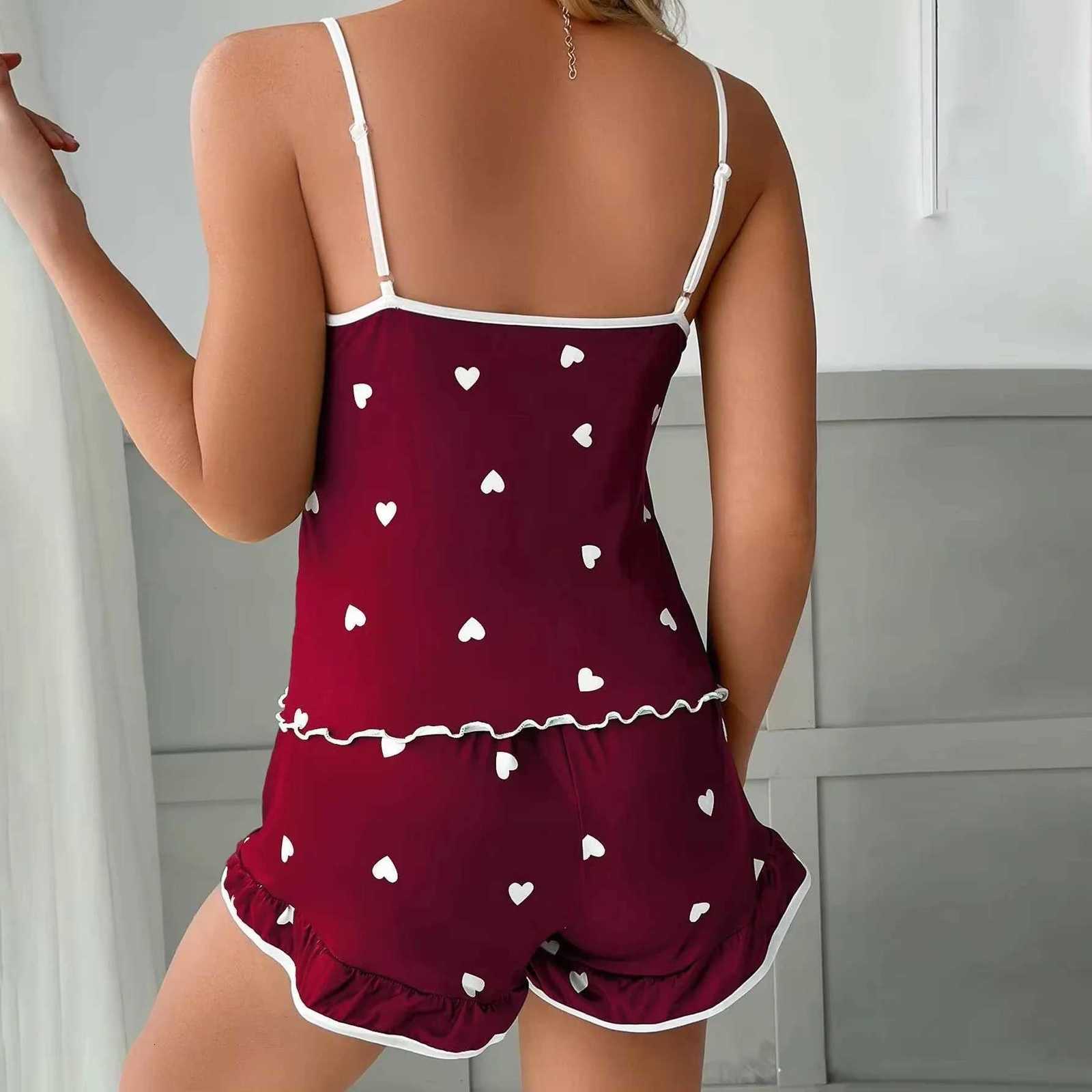 Women Sleepwear Summer 2 Piece Pajamas Set Spaghetti Strap Vest Top and Shorts Soft Casual Cute Printed LongewearT251014