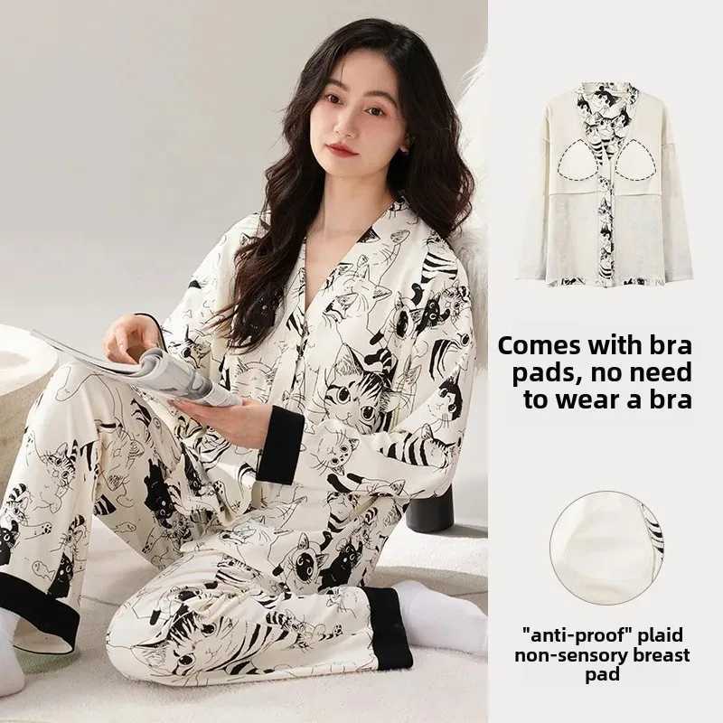 AutumnWinter Womens Long Sleeve Cotton Pajama Set With Chest Pad VNeck Design Cartoon Print Plus Size Home ClothingT251014
