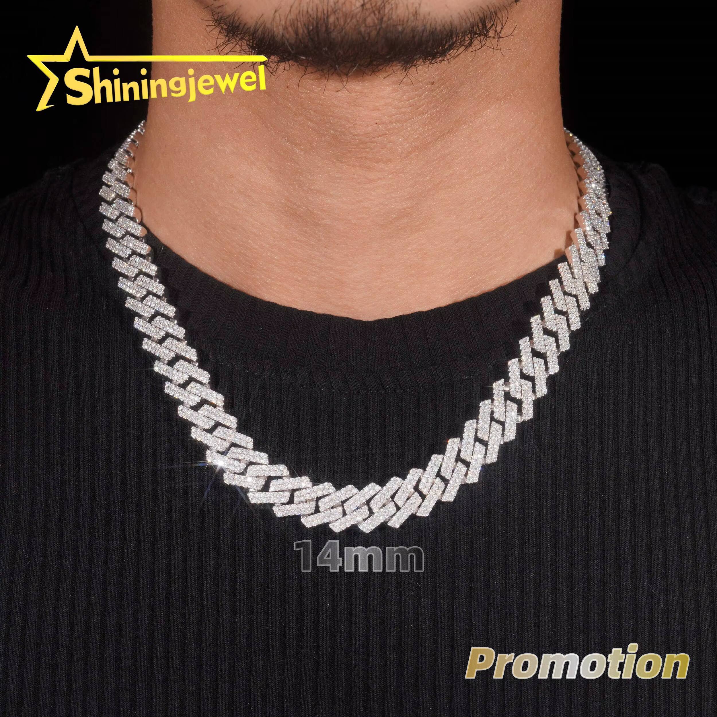 PROMOTION 14mm 2 Row Moissanite Cuban Chain Cheap 925 Sterling Silver Gold Plated Hip Hop Cuban Link Chain