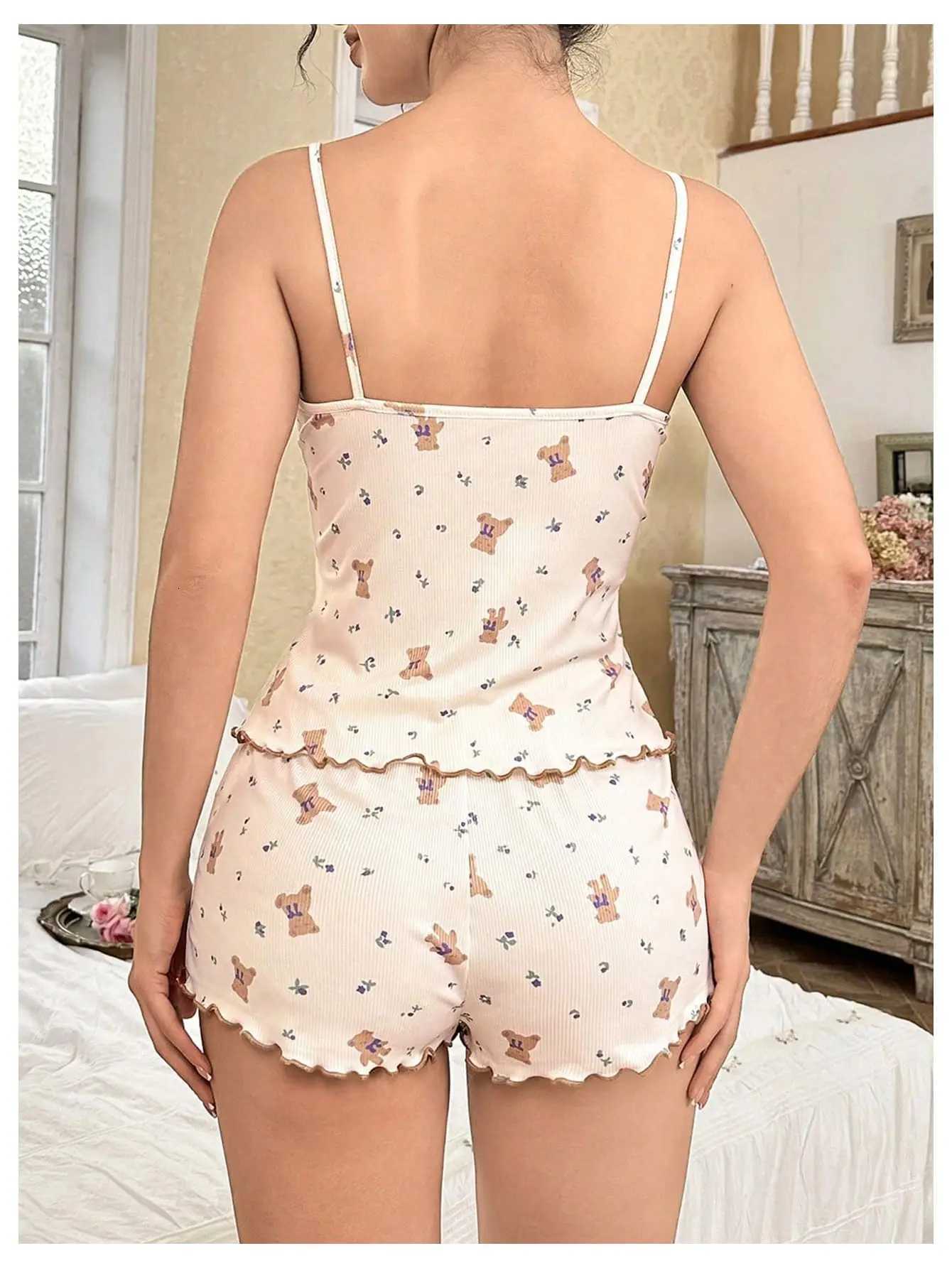 Y2K Cute Teddy Bear Ribbed Pajama Set Womens Cami Top and Shorts Two Piece Loungewear Lace Trim Lettuce Hem Sleepwear Bow NewT251014