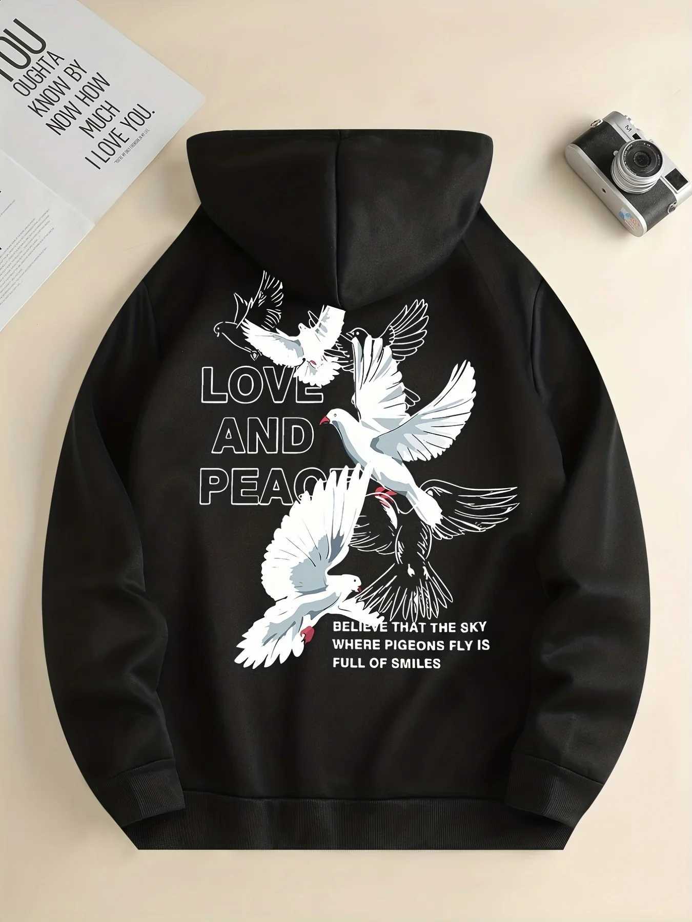 Peace Letter Pigeon Fashion Harajuku Printed Hoodie Casual Sporty Pullover Comfortable Autumn and Winter Warm Mens Sweater J251203
