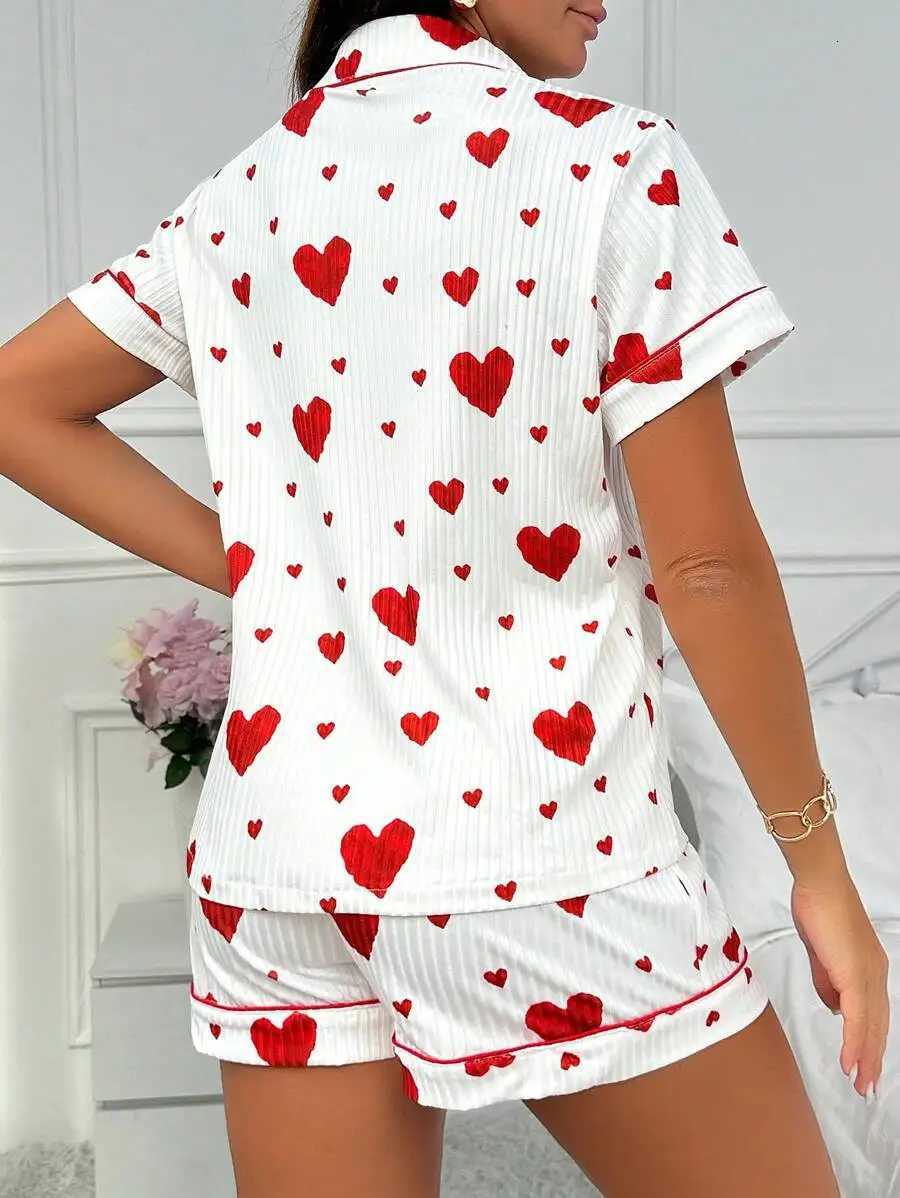 Heart Print Pajama Set Casual Short Sleeve Buttons Lapel Top Elastic Shorts Womens Sleepwear breathable soft Nightwear HomeweT251014