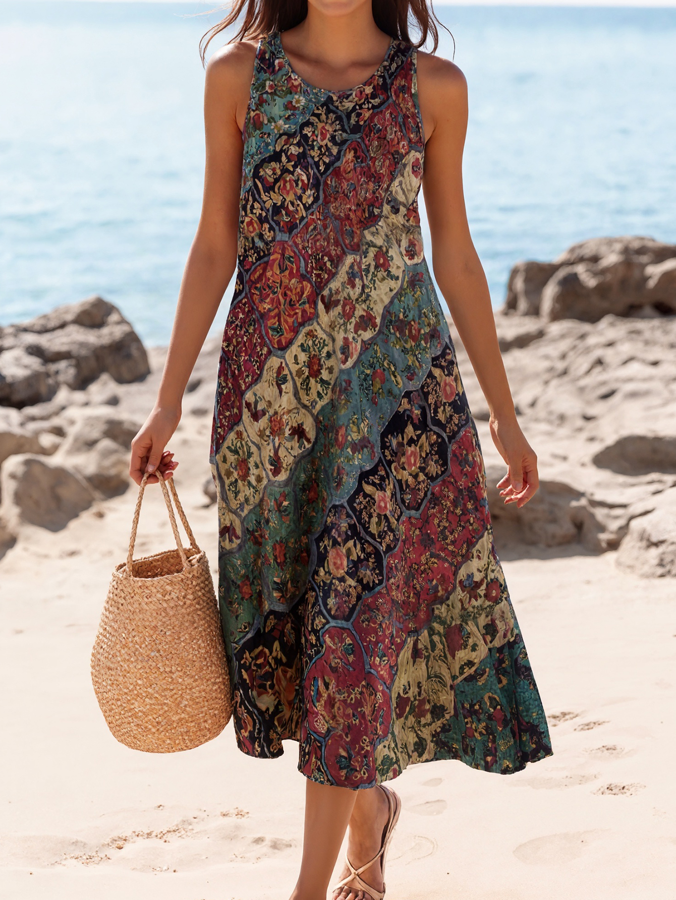 Women's Spring Summer New Retro Printed Versatile Ethnic - Style Midi Dress - Travel, Vacation & Daily Office Wear-CF51104