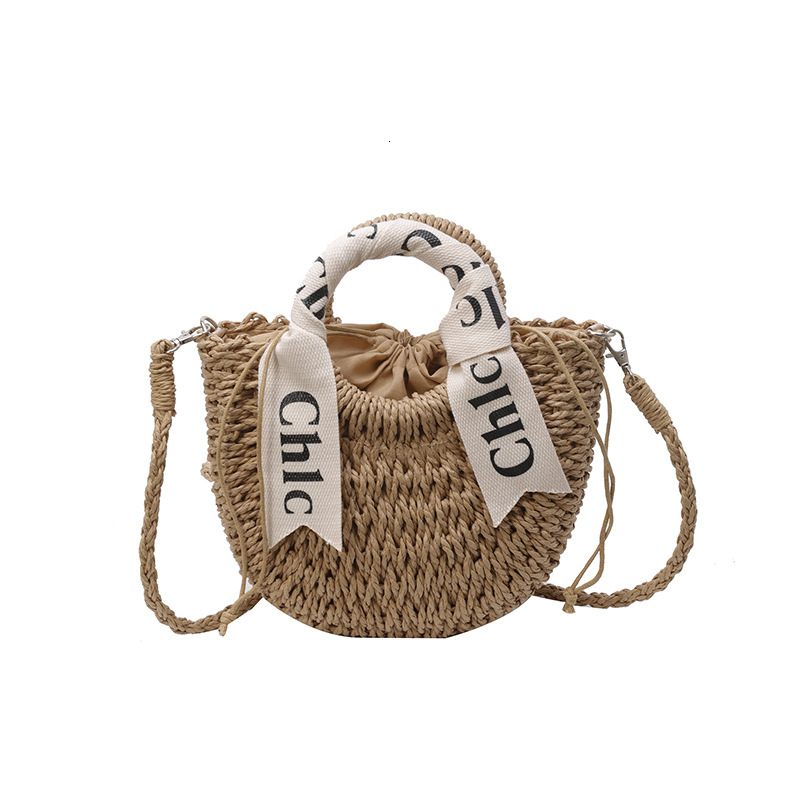 designer bag Letter Scarf Strap Woven Women's Straw Vacation Handbag Round Bucket Bag Beach