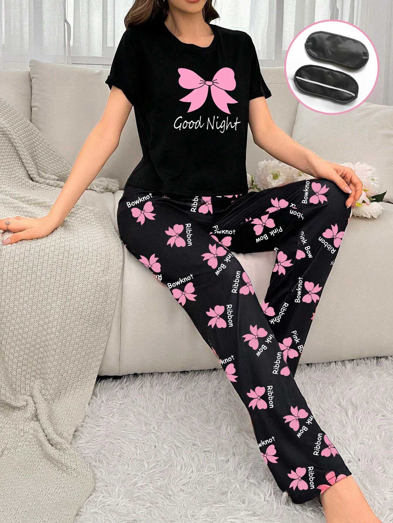 Womens new style bow print shortsleeved trousers twopiece casual comfort home wear eye mask pajamas setT251014