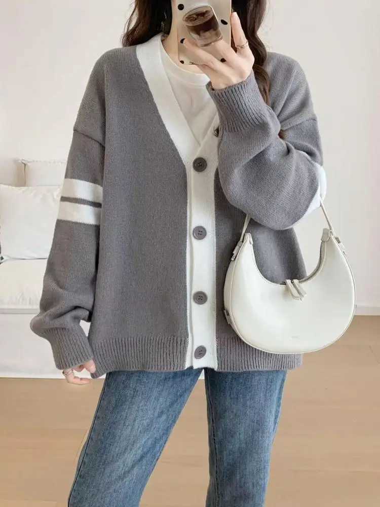 Autumn Winter Women Patchwork Long Sve Knitted Cardigan Sweater Korean Fashion Vne Single Breasted Vacation Tops Casual W251014