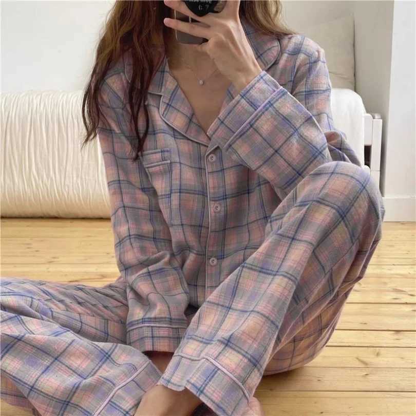 Womens Spring and Autumn New Simple Casual Pajamas Loungewear Set Girls Pajamas Thin Lapel Cardigan Pajamas Loungewear SetT251014