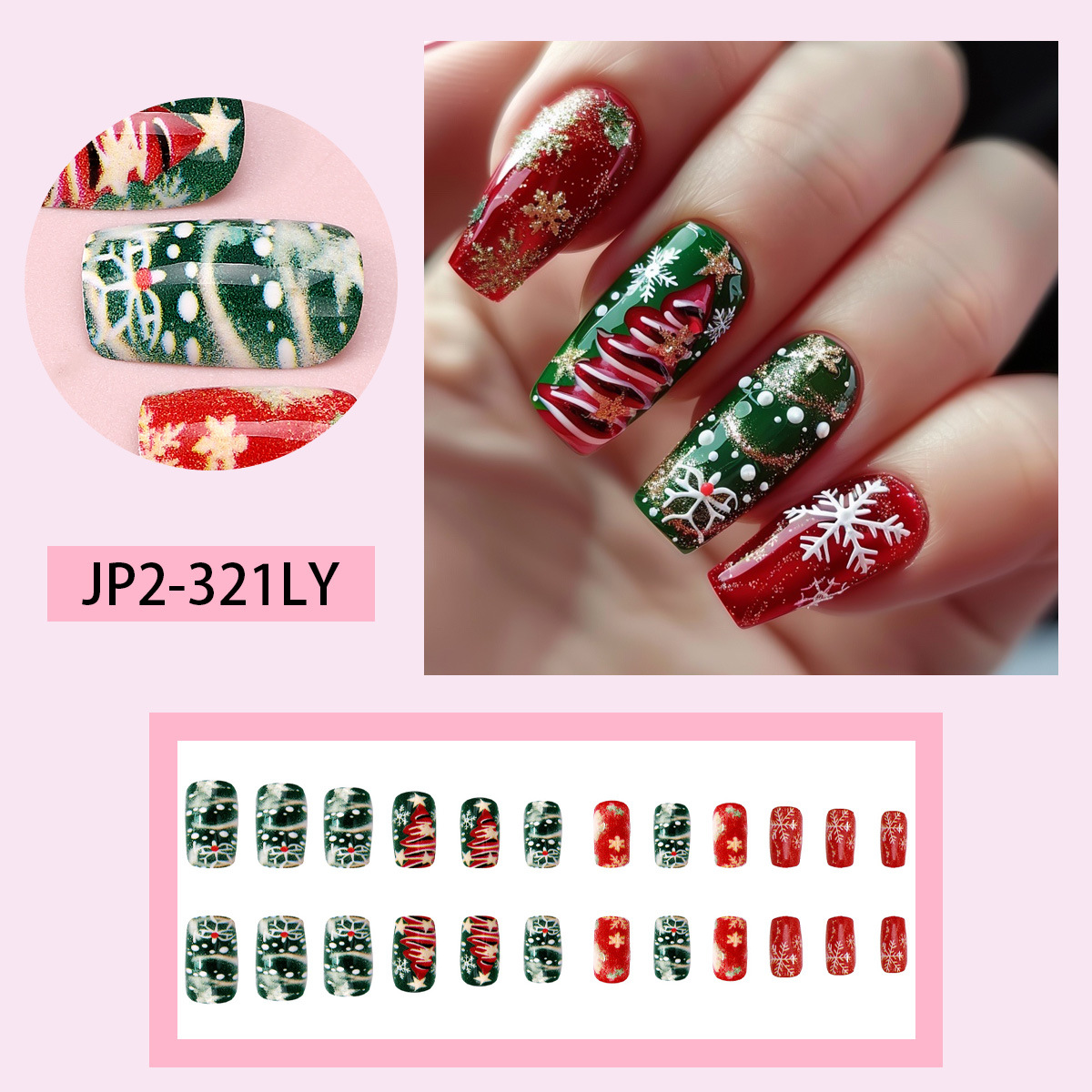 Christmas Tree Press-On Nails Snowman Painted Patterns with Bows Pine Cones, Snowflake Reindeer, Luxury Red Plaid French Nails with Multiple Diamonds 