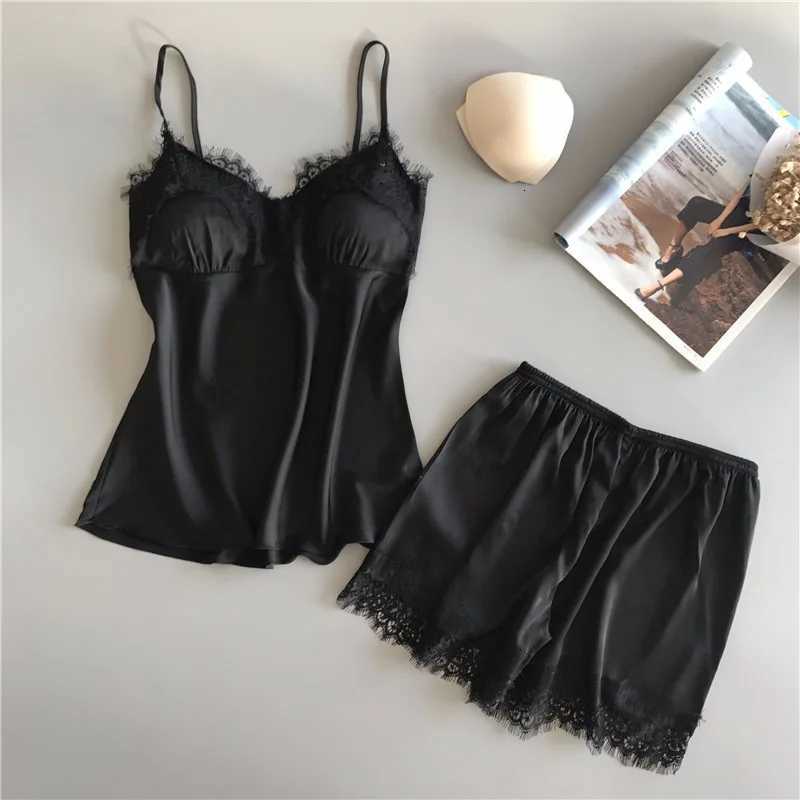 Summer Sleepwear Women Pajama Suit Fashion VNeck Stretch Satin Babydoll Lace Sexy Lingerie Pyjamas Sleep Shorts SetT251014
