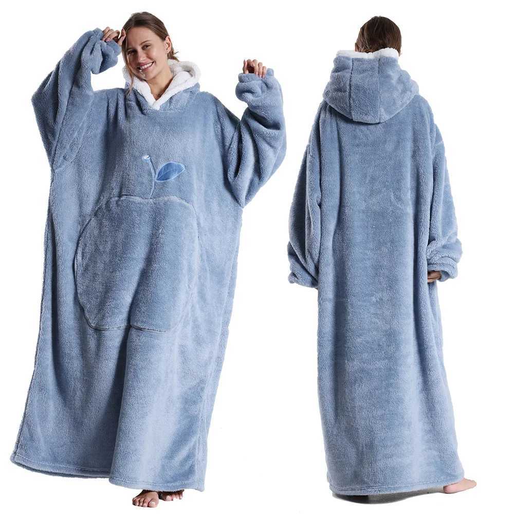 Plus Size Women Pajamas Flannel Home Clothing Pink Red Blue Men Blanket Hoodie for Adults Thicken Warm Extra Long Winter Clothes Y251013