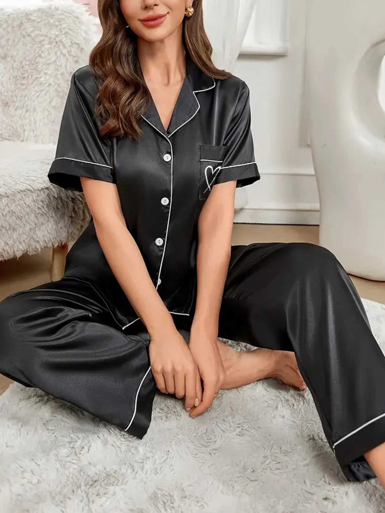 Womens Pajama Pocket Heart Embroidered Pajama Set Satin Comfortable Short Sleeve Button Pajama Lounge Pant For Women SleepwearT251014