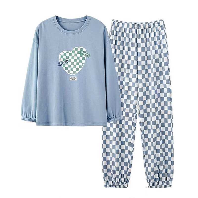 Pajamas Women Long Sleeve Long Pants Set Loose Plaid Student Pajamas Can Be Worn out Household Clothing Plaid Long Pants Blue TwT251014