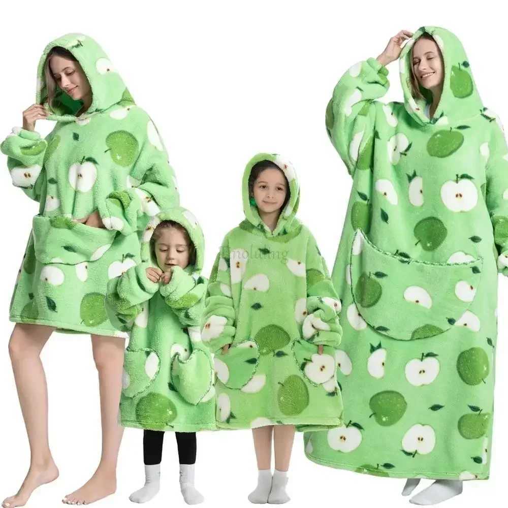 Super Long Oversized Winter Sherpa Blanket Plush Flannel Warm Family Matching Hoodie Halloween Homewear Avocado Women Sweatshirt Y251013