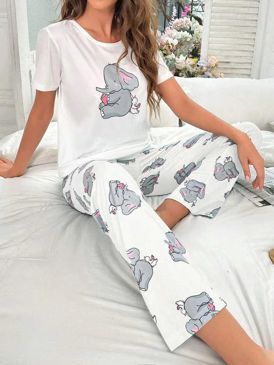 Womens new style small elephant rabbit pattern short sleeve cartoon trousers casual pajamas setT251014