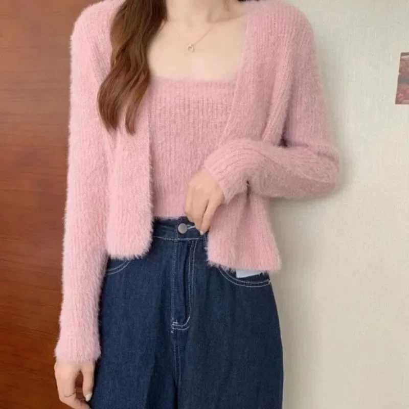 Spring Autumn New 2pc Cardigans V Sets Women Knitted Sveless Sexy Camisole Fashion Casual Female Stretch Cardigan Coat W251014