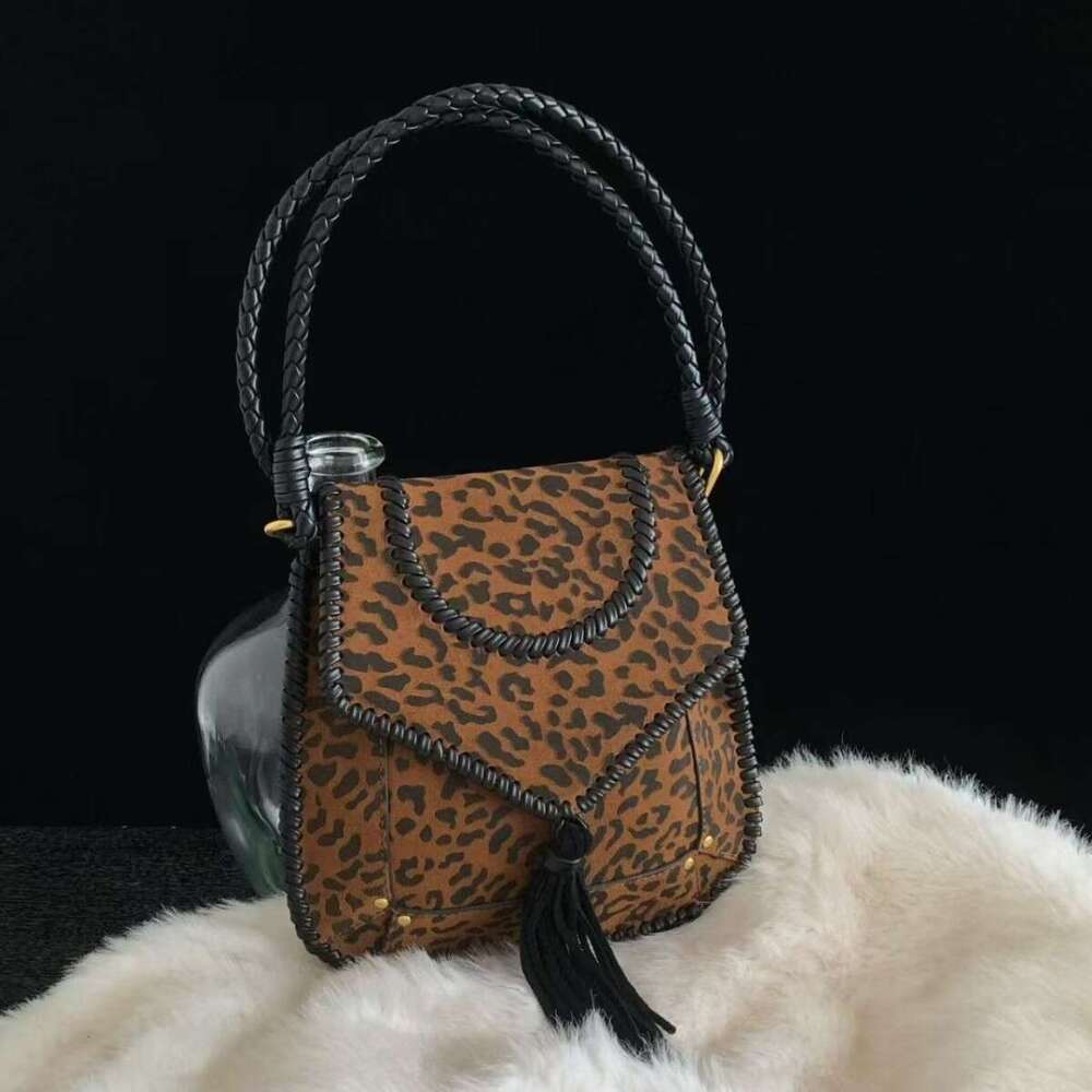 Luxury bag Frosted Cowhide Saddle Niche Design Woven Leopard Print Phone Suede Tassel Crossbody Genuine Leather Bag for Women