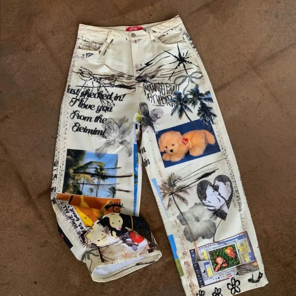 American High Street Men and Women Trendy Personalized Printed Straight leg Jeans Couple Loose Hip Hop Retro Casual Pants 251013