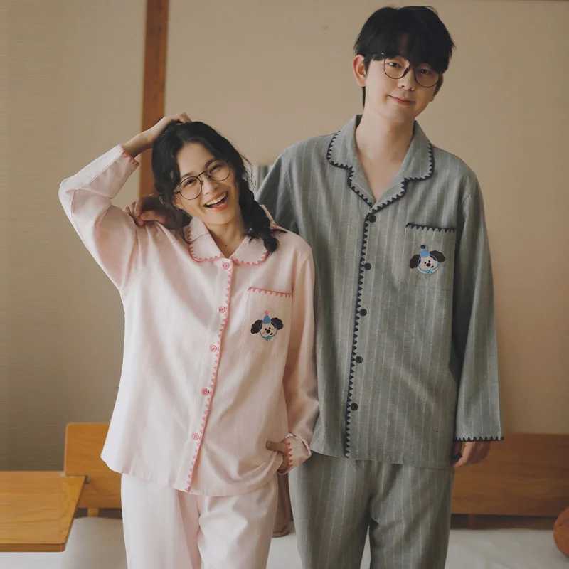 Cute cartoon autumn and winter couple pajamas made of pure cotton brushed highend embroidery warm and casual home clothesT251014