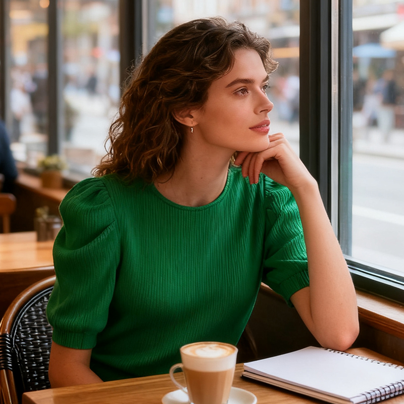 Women's T-Shirt Women's Green Ribbed Short - Sleeve Puff - Shoulder Pullover Top, Chic and Comfortable AS24-0805