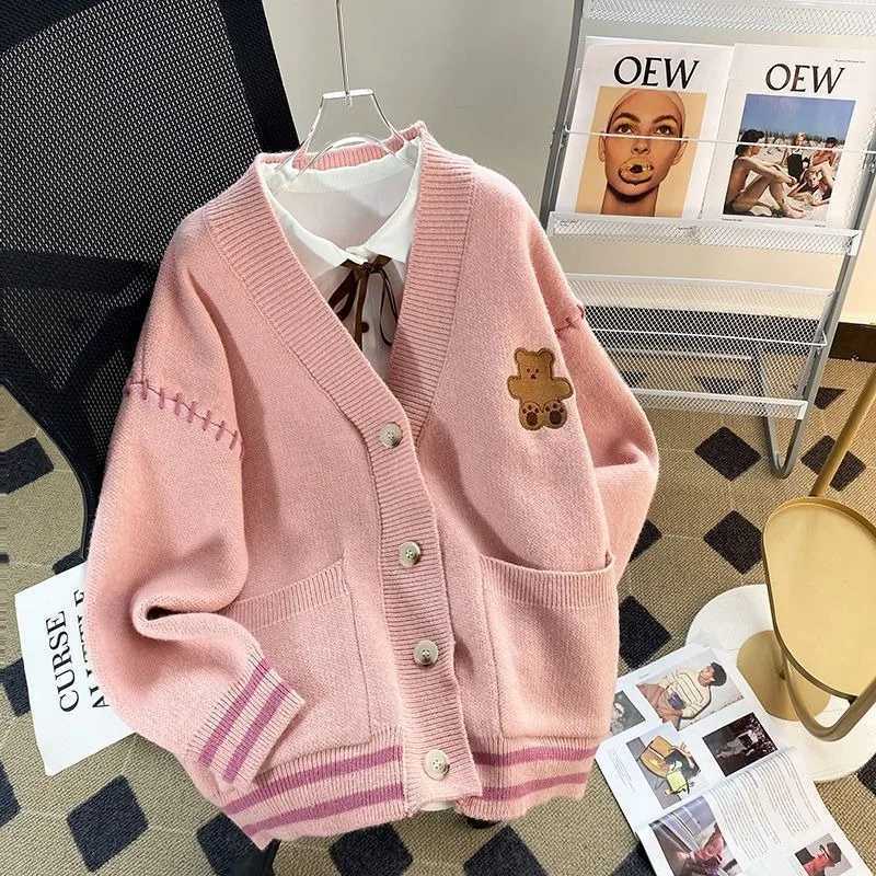 Cartoon Bear Stiers Female 2024 Autumn New Preppy Style Loose Sweet Poet Knitted Longsved Sweater Cardigan Top W251014