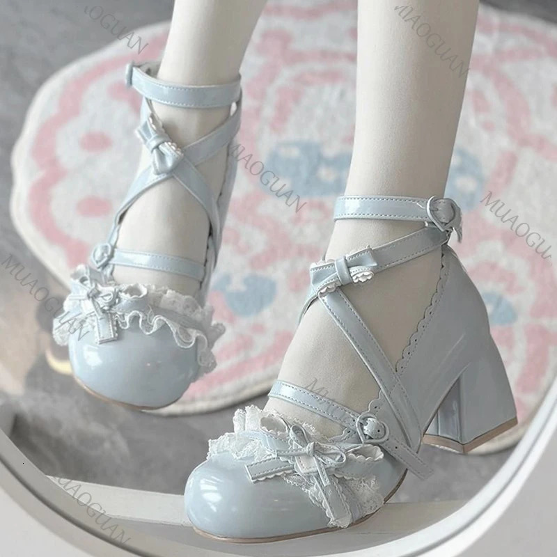 Lolita Red High Heels Cute pumps Shoes spring Autumn Lace Thick high heels Single Shoes Patent Leather Mary Jane Womens Shoes 251010