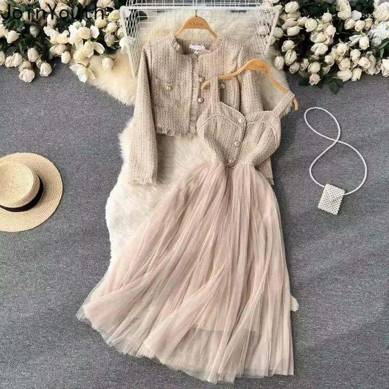 Women's Two Piece Pants Dresses Sets Korean Suit Women Clothing Patchwork Gauze Crop Coats Tunic Sling Maxi Dress Outfits Sweet Chic Set