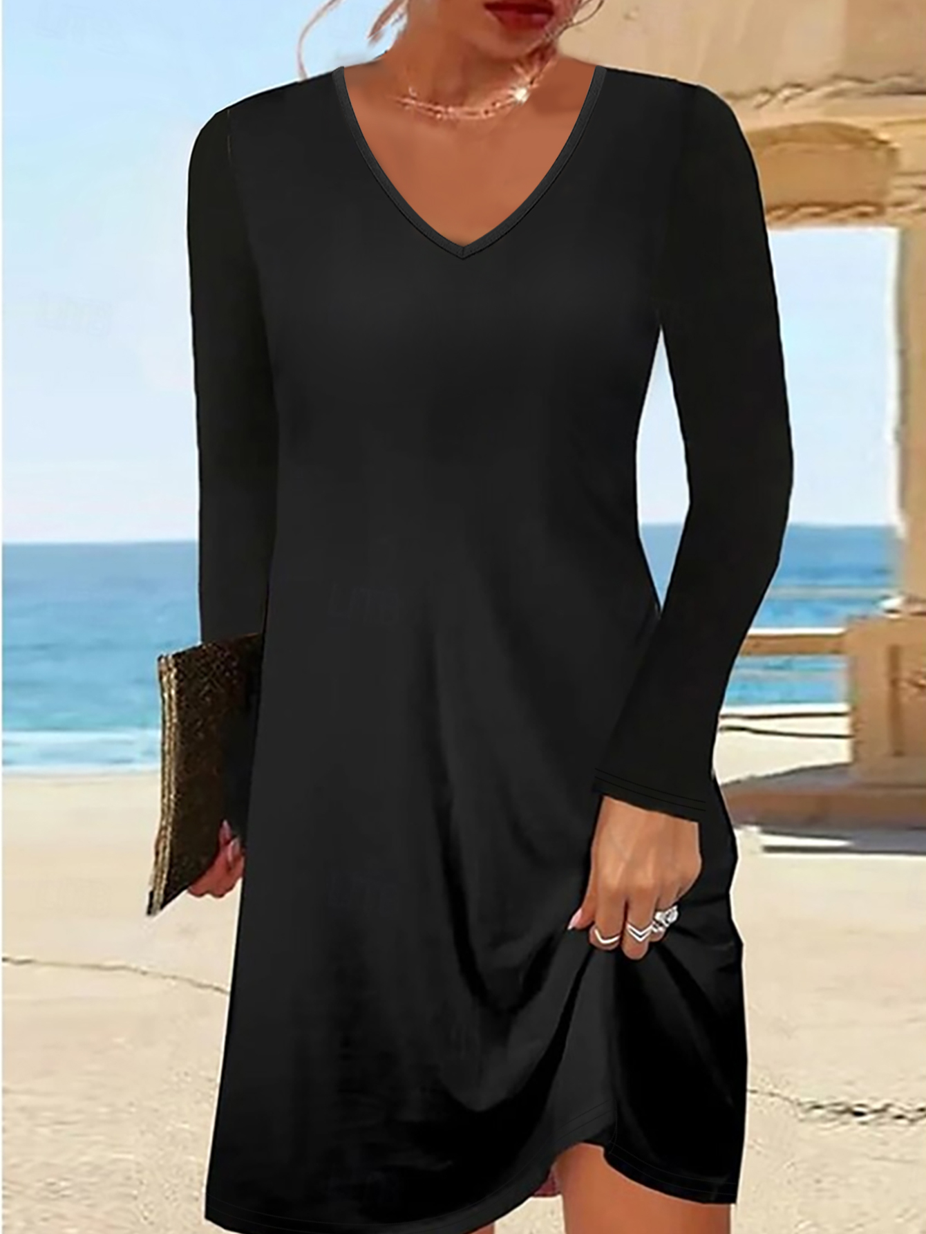 Women's Autumn Winter Solid Color French - Style Elegant Black Midi Dress - Versatile Office & Daily Wear DressCF51211