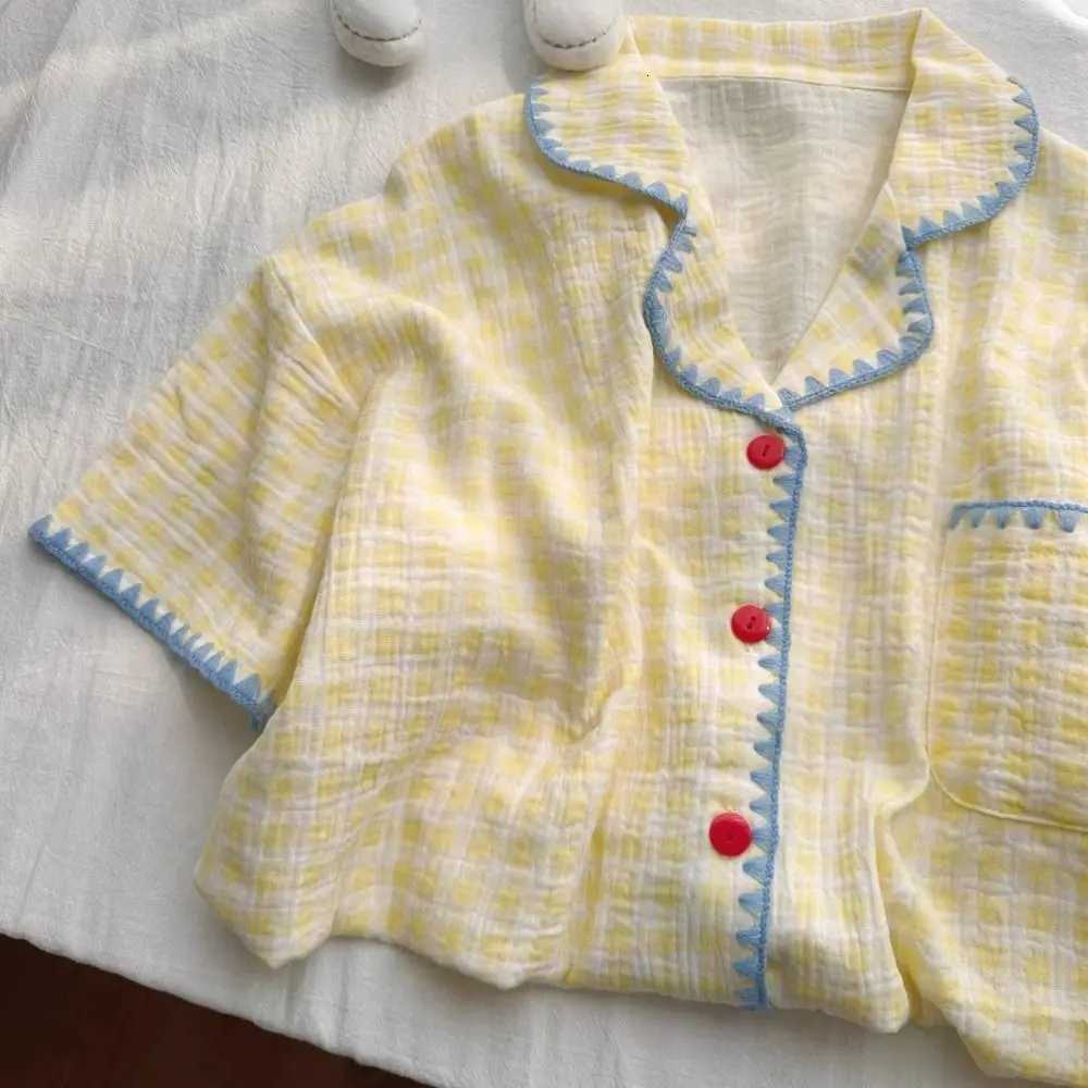 Fashion Sweet Plaid Pajamas Set Summer Thin Lattice 2 Piece Nightwear Home Wear Loose Short Sleeve Pajamas Indoor OutdoorT251014