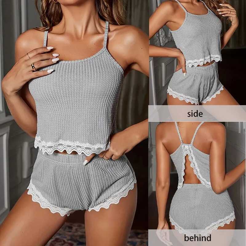 Soft Comfortable Women Sleeveless TShirts and Shorts Loose Home Wear Underwear Sexy Lace Pajamas SetT251014