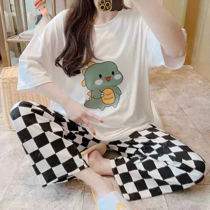 Pyjamas Set for Women Short Sleeves Long Trousers Student Pajamas TwoPiece Round Neck Pullover Plaid Trousers Easy to Clean LadT251014