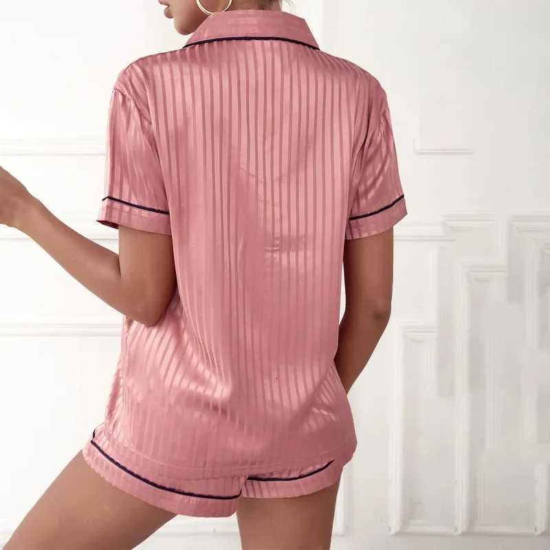 2024 NEW Women Sleepwear Summer Pajama Set Turn Down Collar Faux Silk Satin Short Sleeve TopShorts Female Pijama Homewear SuitT251014