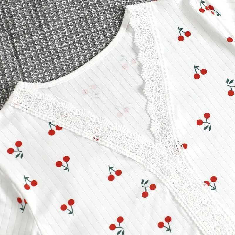 Sexy Pajamas Women VNeck Lace Cherry Print ShortSleeved Shorts Striped Fancy Sleepwear 2 Piece Set Home Wear Student NightwearT251014