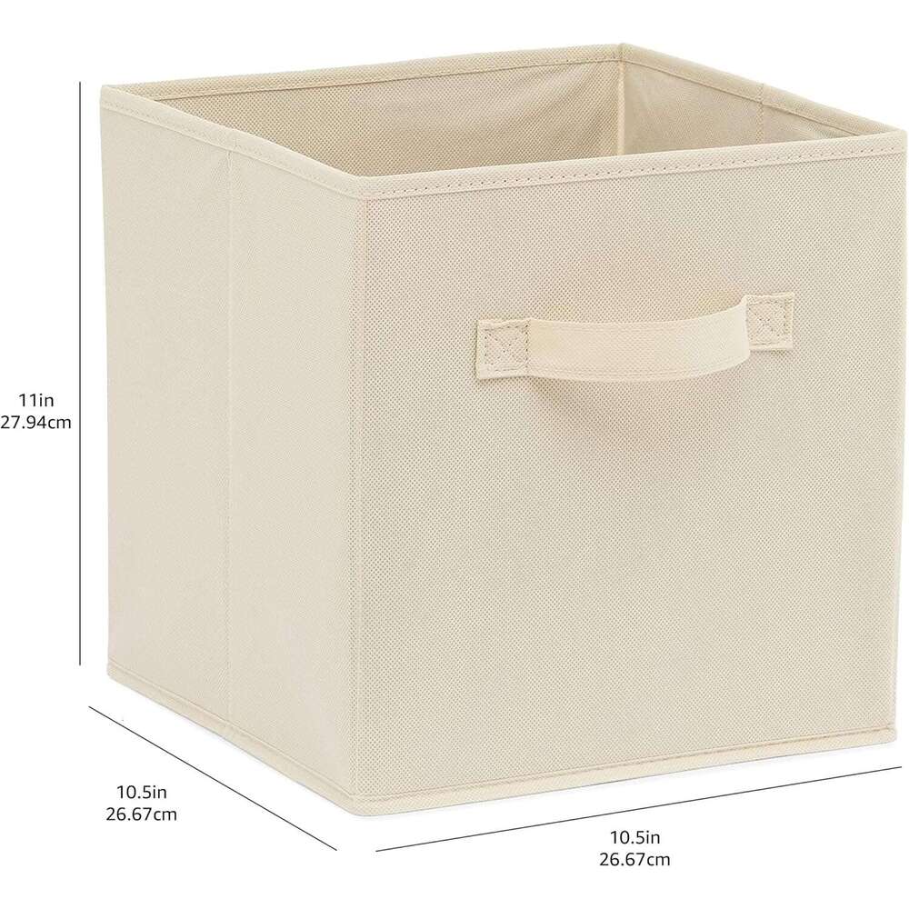 Basics Collapsible Fabric Storage Cubes Organizer with Handles, Sturdy, Beige, 10.5-x-10.5-x-11-inch, Pack of 6