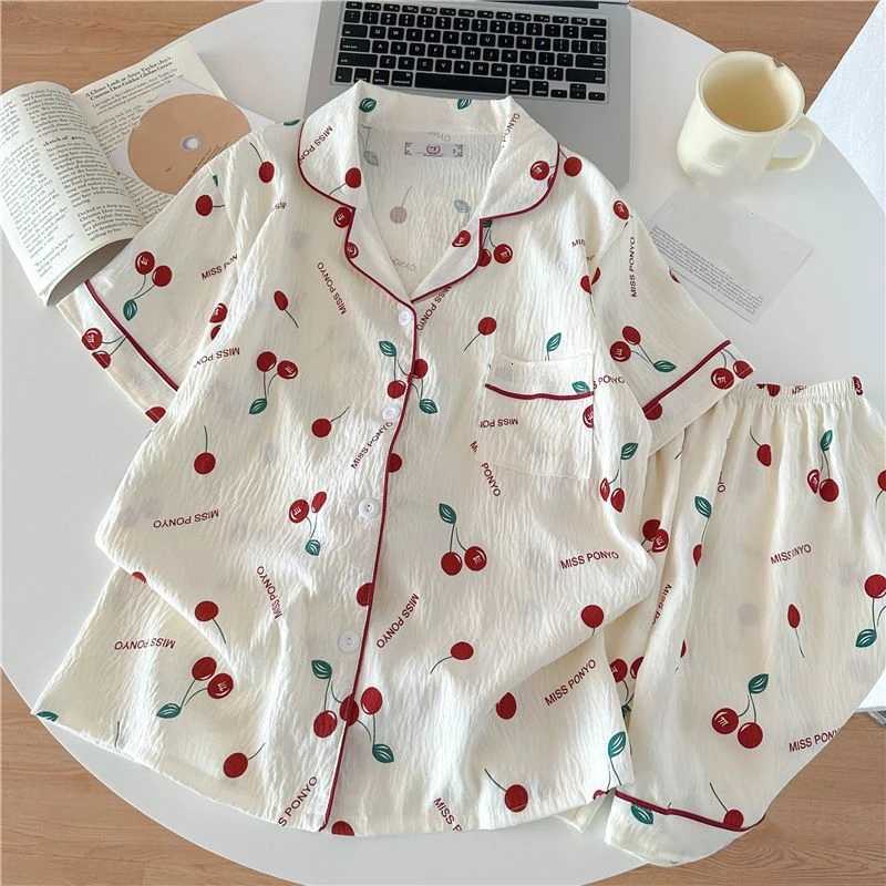 Cherry Letter Print Korean Style Womens Pajamas Set Casual Y2K Outside Summer New 2025 Pajamas Set for Women Sweet Home WearT251014
