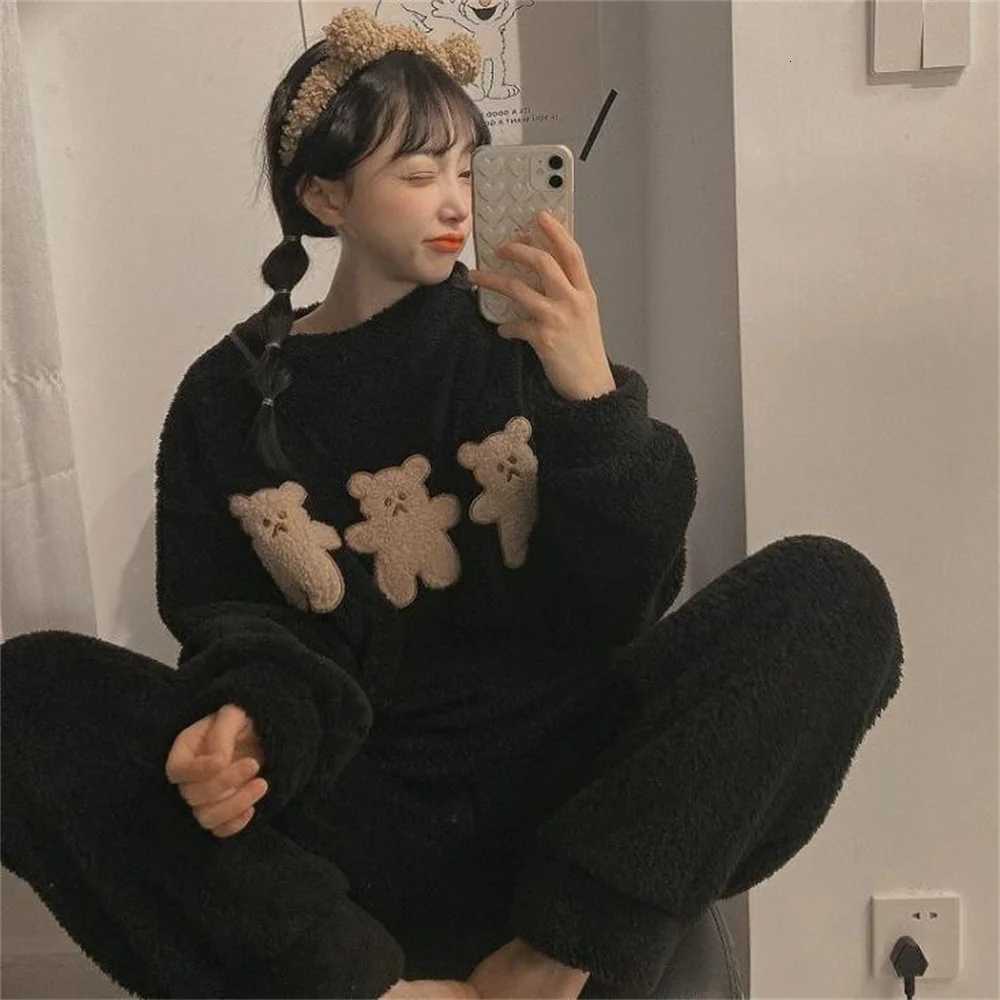 Autumn Winter Pijamas Kawaii Pajama Sets Women Cartoon Sweet Bear Flannel Sleepwear Girl Pijama Mujer Night Suits Homewear 2023T251014