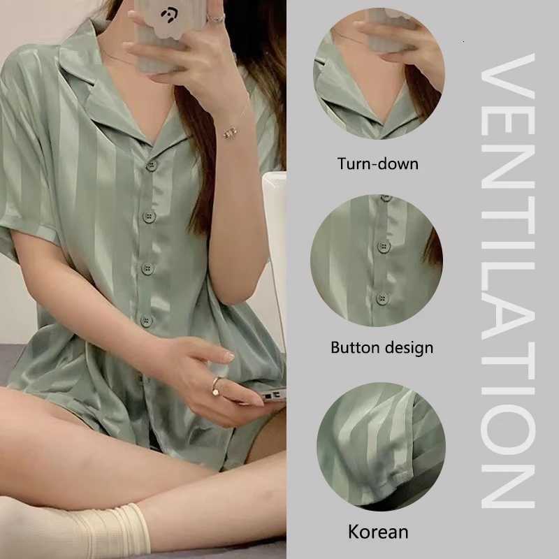 Ice Silk Pajamas Ladies Set of ShortSleeved Cardigan Lapel Home Wear Solid Striped Sexy Nightwear Women Sleepwear 2PCSSetT251014