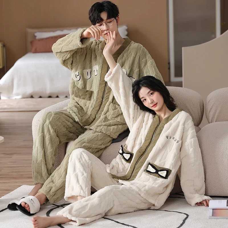 Coral Fleece Pajamas Couple Autumn and Winter Student Womens Thickened Warm Mens Flannel Loose Zipper Homewear Set pyjamasT251014