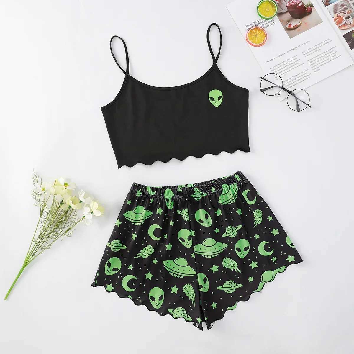 Sexy Alien Print Sling Sleepwear Womens Pajamas Set VNeck Pyjamas Female Homewear Sleeveless Cute Top And ShortsT251014