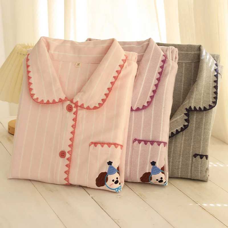 Cute cartoon autumn and winter couple pajamas made of pure cotton brushed highend embroidery warm and casual home clothesT251014