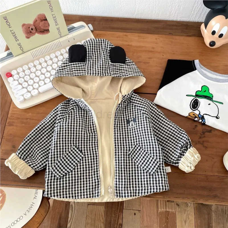 Disney Mickey Printed Jacket for Kids Cartoon Spring Double Sided Wear Hooded Outwear Khaki Autumn 05Y Toddler Blazer Korean version H251014