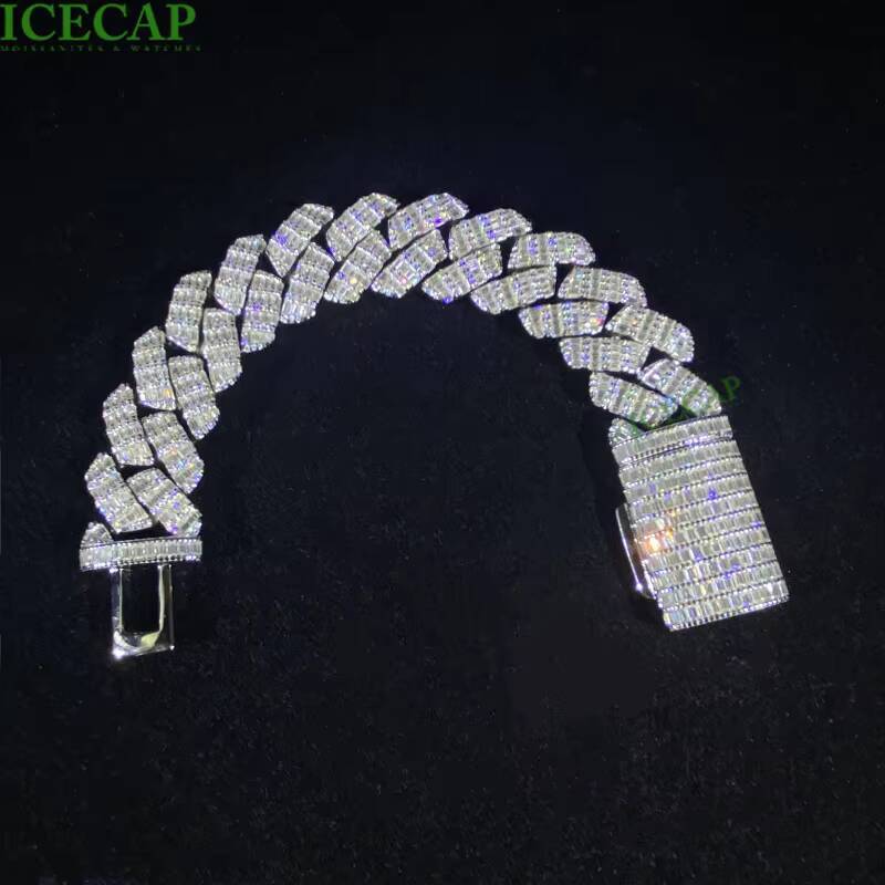 Mens 925 Sterling Silver Cuban Link Chains Bracelet VVS Iced Baguette Hip Hop Style Moissanite Miami Passes Diamond Tester