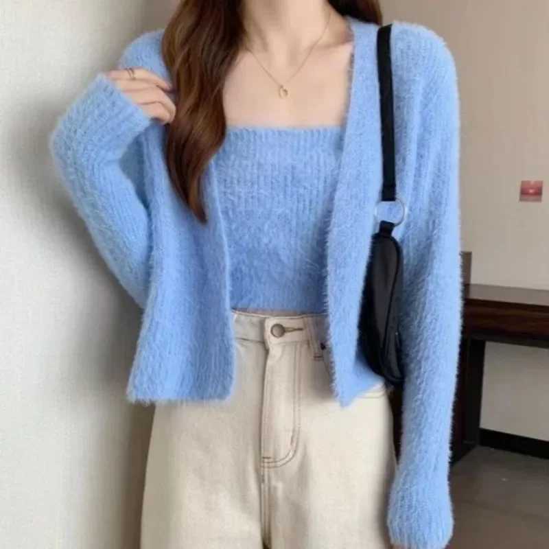 Spring Autumn New 2pc Cardigans V Sets Women Knitted Sveless Sexy Camisole Fashion Casual Female Stretch Cardigan Coat W251014