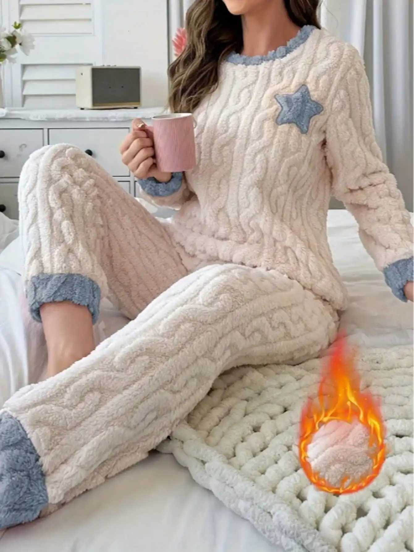 2piece set of womens autumn and winter pajamas thick pants roundneck embroidered fivepointed star cute cartoon warm suit Y251013