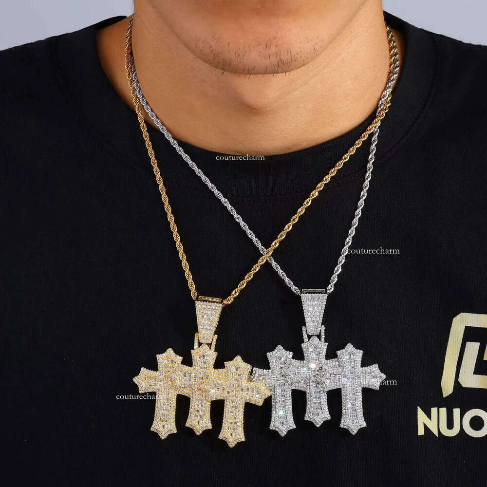 Hip Hop New Style Sterling Sier Sparkle VVS Iced Out Men Moissanite Jewelry Pendant Chain Link Triple Cross Charm