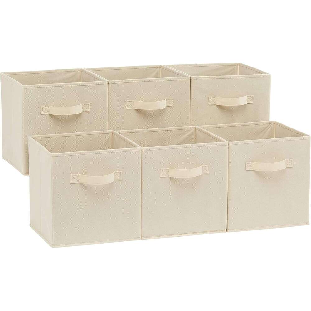 Basics Collapsible Fabric Storage Cubes Organizer with Handles, Sturdy, Beige, 10.5-x-10.5-x-11-inch, Pack of 6
