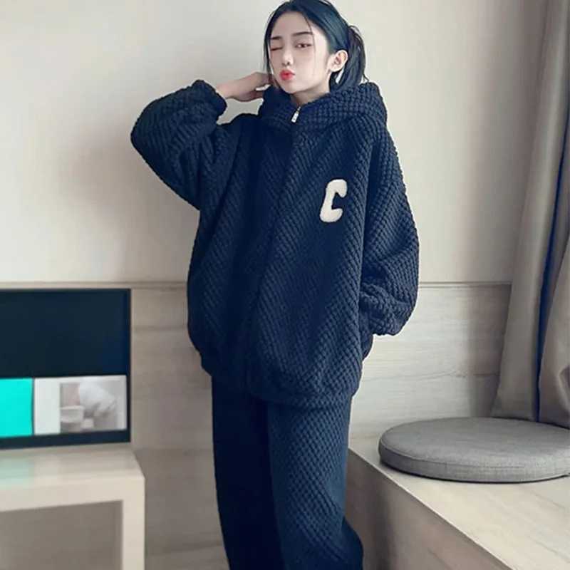 Winter Fleece Thickened Warm Coral Velvet Pajamas Women Autumn Winter Flannel Loungewear Hooded Zipper Long Sleeve Sleepwear Y251013