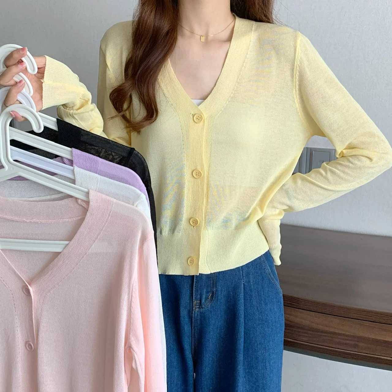 Summer V Ne Cardigan Women Casual Transparent Sweater Shirts Lady Simple in Solid Outwear Female Crop Top W251014